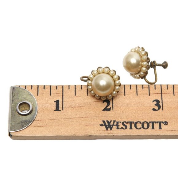 Vintage Faux Pearl Halo Cluster Screwback Earrings Round Brass Gold Metal 50s - Picture 3 of 6